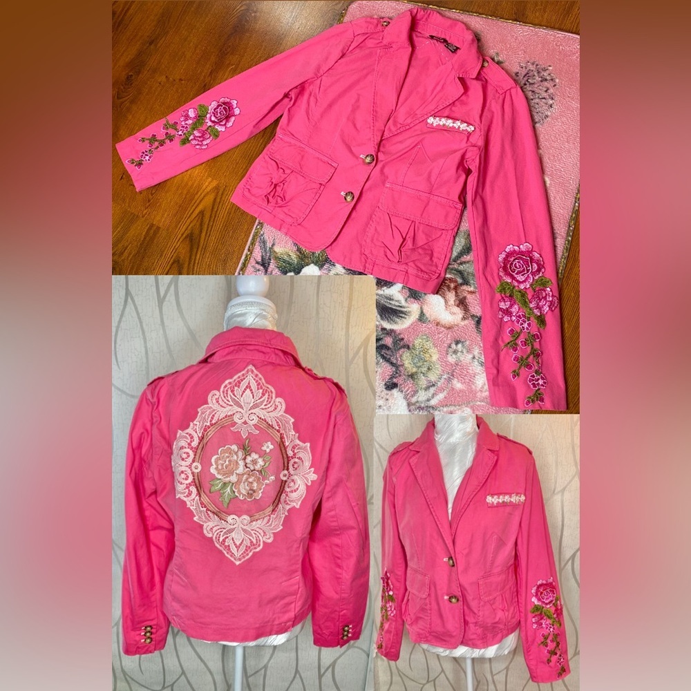 🎀🌷Cherry Pink Cotton Jacket Floral Embroidery Back DreamDoll Upcycled Mossimo 🌷🎀